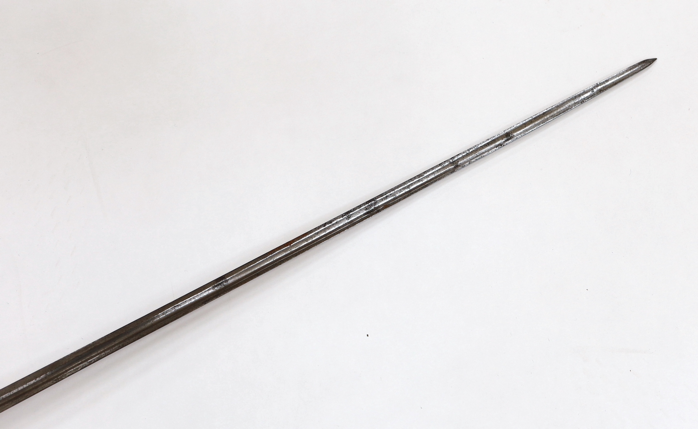 An English hallmarked silver hilted small sword, late 17th century, the Charles II hilt by William Badcock, London 1680, of conventional form, later grip bound with copper tape and twisted silver wire, colichemarde shape